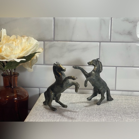 Vintage Cast Metal Black Gold Bronze Standing Horses Set of 2 Signed by Artist M - Picture 2 of 11